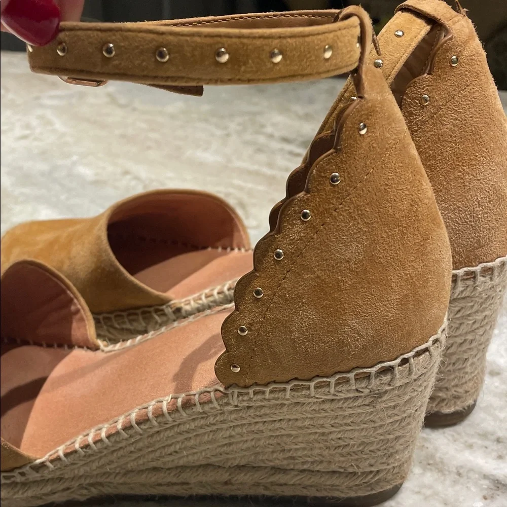 Kate Spade 8 Paloma Camel Tan Suede Studded Espadrille Wedges w/ Ankle Strap - Picture 6 of 9